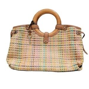 Fossil Woven Straw Purse Round Wooden Handle Rainbow Women's Handbag Hobo